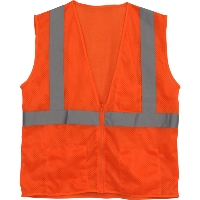 Class 2 Safety Vest, Hi-Vis Orange Mesh, Zipper Closure, 2 Pockets, 2-XL