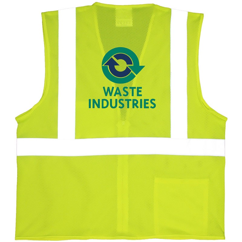 Class 2 Mesh Safety Vest w/ Full Color Waste Industries Logo,  Lime Green - Medium