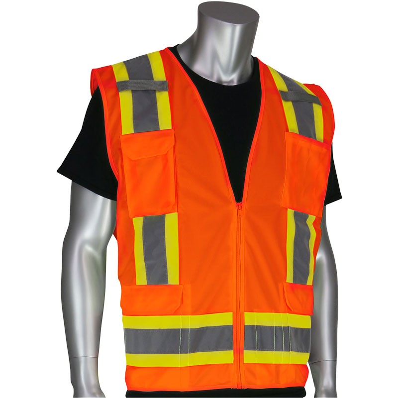 Class 2 Surveyors Safety Vest, Solid Front / Mesh Back, Two-Tone Striping, Zipper Closure, 11 Pockets, Hi-Vis Orange, 2-XL