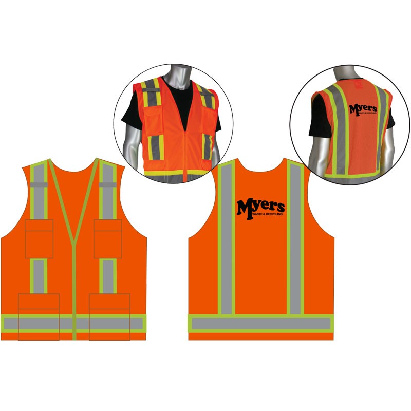 2-XL  CLS-2 HI-VIS OR TWO-TONE STRIPE SAFETY VEST SOLID FRONT MESH BACK  W/ MYERS WASTE LOGO (1C - 1L)