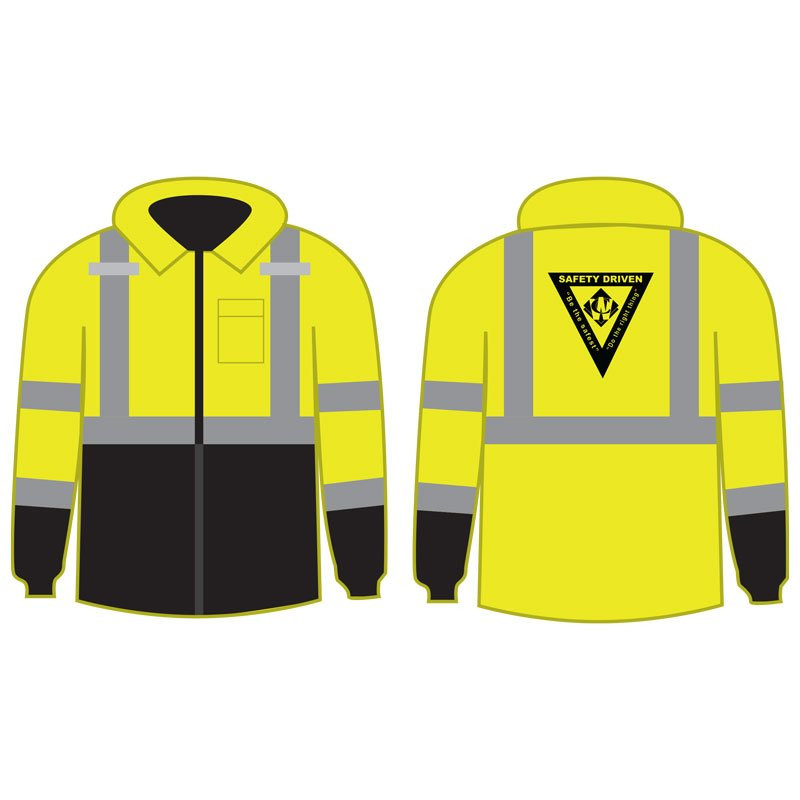 2XL CLS-3 LY BLK BOTTOM BOMBER JACKET W/ ZIP-OUT FLEECE LINER & 1-COLOR WASTE CONNECTIONS LOGO PRINTED BACK CENTER 1C, 1L