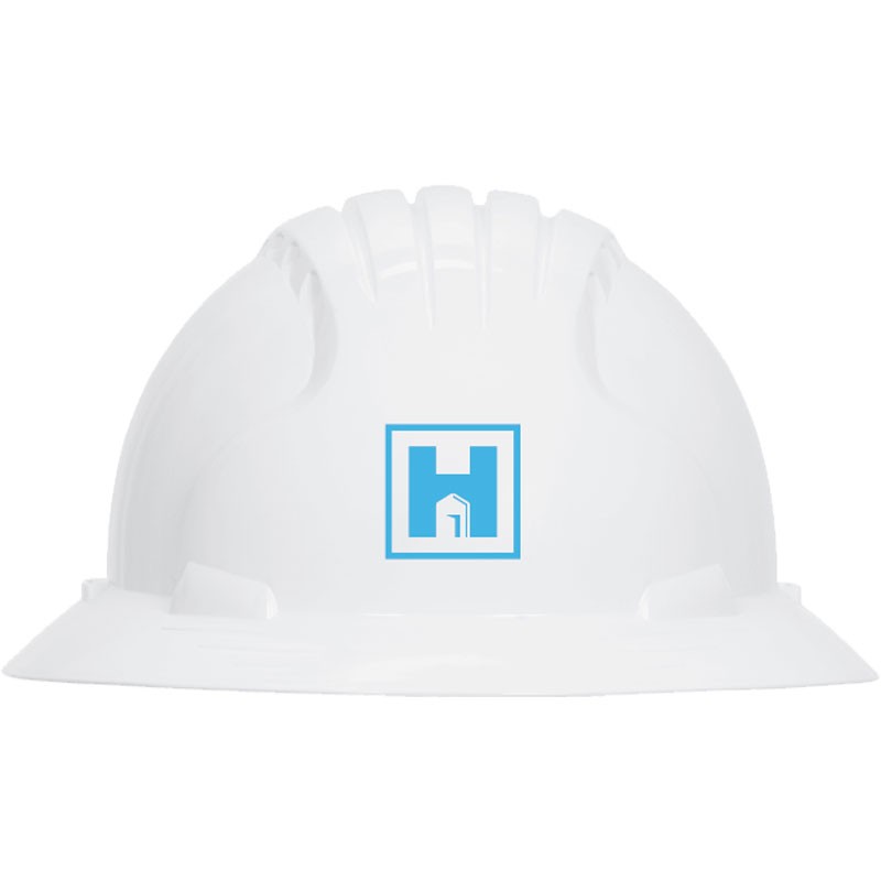 WHITE WHEEL RATCHET FULL BRIM HARDHAT W/ HUBER "H" LOGO