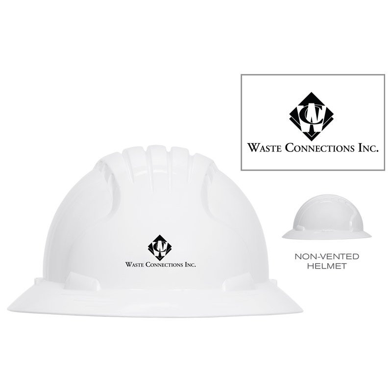 FULL BRIM WHITE HARD HAT W/ WCI LOGOW/ BLACK WASTE CONNECTIONS LOGO & 6161 WHEEL RATCHET SUSPENSION