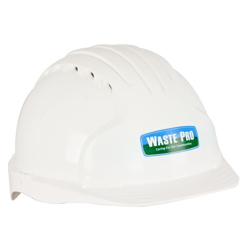 JSP® Vented Wheel Ratchet Hard Hat with Waste Pro Logo, White
