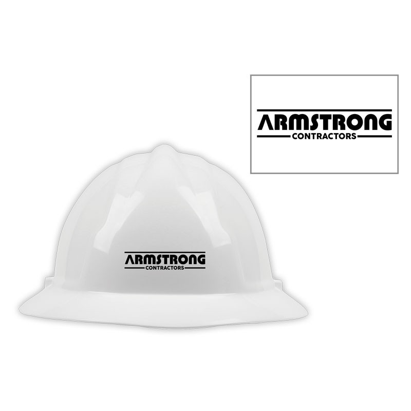 WHITE FULL-BRIM HARD HAT W/ 4-PT RATCHET W/ ARMSTRONG CONTRACTORS LOGO (1C - 1L)