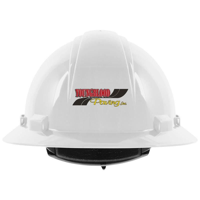 641R WHITE FULL BRIM HARD HAT W/ 4-PTWHEEL RATCHET SUSPENSION W / YOUNGBLOOD PAVING INC LOGO 3C 1L