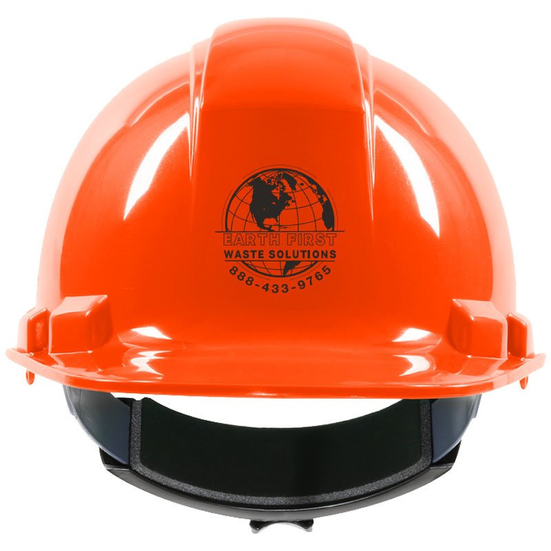 241R ORANGE HARD HAT W/ 4-PT WHEELRATCHET SUSPENSION W/EARTH FIRST WASTE SOLUTIONS LOGO 1C 1L