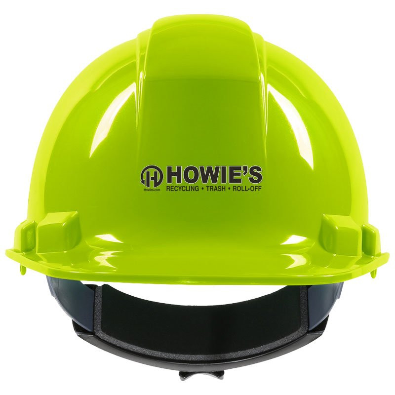 241R HI-VIS YELLOW HARD HAT W/ 4-PTWHEEL RATCHET SUSPENSION W/HOWIE'S RECYCLING LOGO 2C 1L