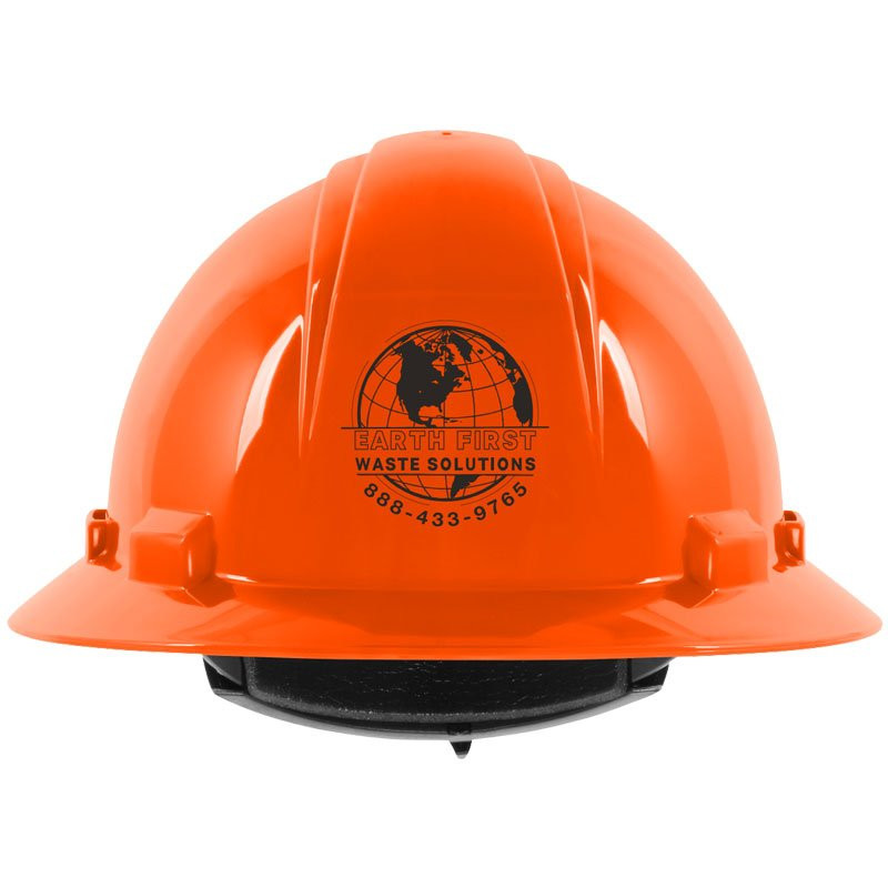 641RV HI-VIS ORG VENTED FULL BRIM HARDHAT W/ 4-PT WHEEL RATCHET SUSPENSION-W/EARTH FIRST WASTE SOLUTIONS LOGO 1C 1L