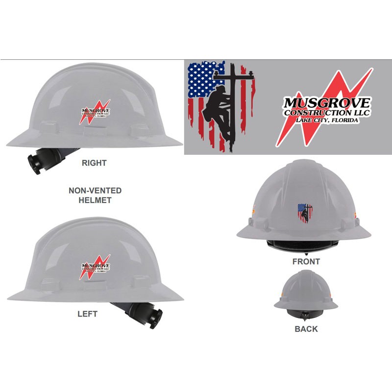 641R GRAY FULL BRIM HARD HAT W/ 4-PT RATCHET SUSPENSION W/ MUSGROVE LOGO 4C 3L