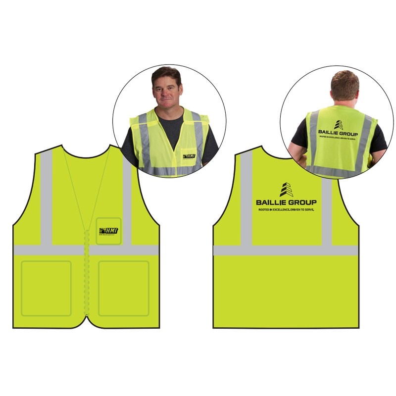 3XL CLS-2 HI-VIS YELLOW MESH BKWY VEST 5 POINT BREAKAWAY W/ BAILLIE LUMBER GROUP LOGO 1C 1C 2L

