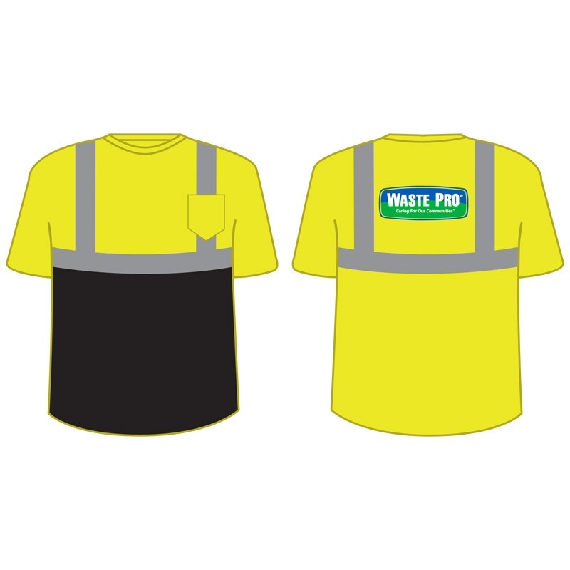 3XL CLASS 2 LY BLACK BOTTOM T-SHIRTLIME YELLOW, ANSI CLASS 2, 100% BIRDSEYE MESH, T-SHIRT W/ WASTE PRO LOGO
