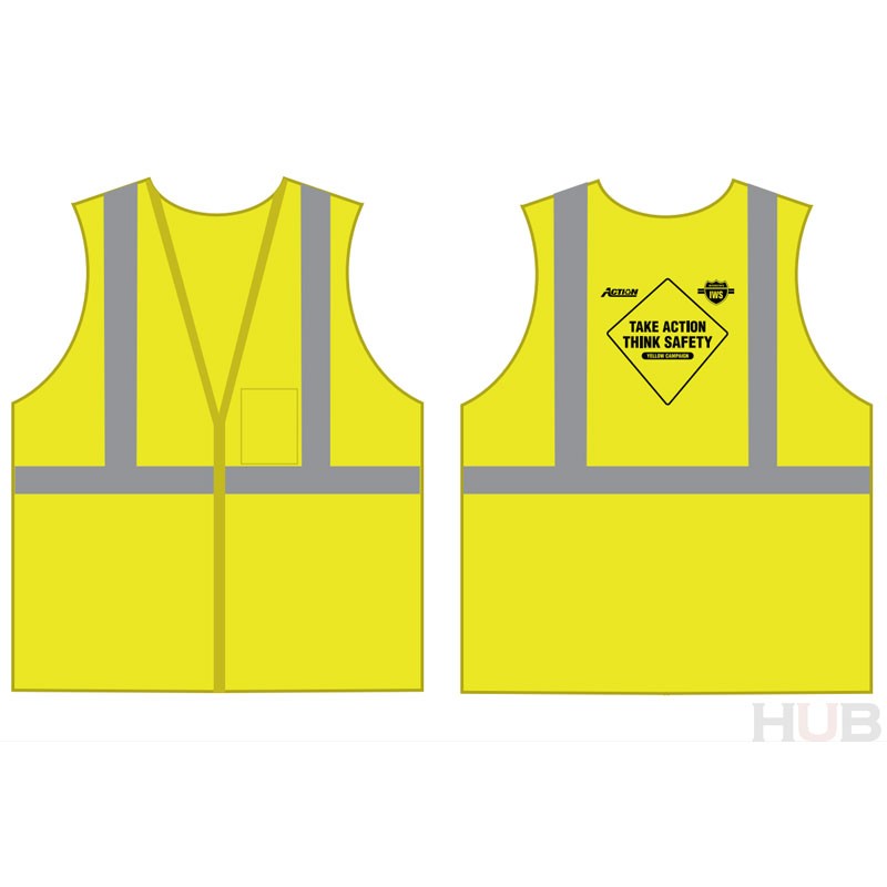 Class 2 Safety Vest Hook & Loop Closure w/ Action/IWS 'Yellow Campaign' Safety Logo, Lime Green Mesh, 4-XL