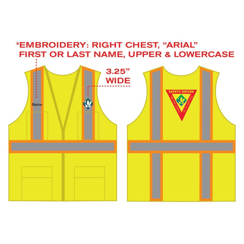 XL CL-2 LY SAFETY VEST - WC LOGO & NAME EMBROIDERED ON FRONT & WC TRIANGLE LOGO PRINTED ON BACK   W/ POCKETS & ZIPPER CLOSURE