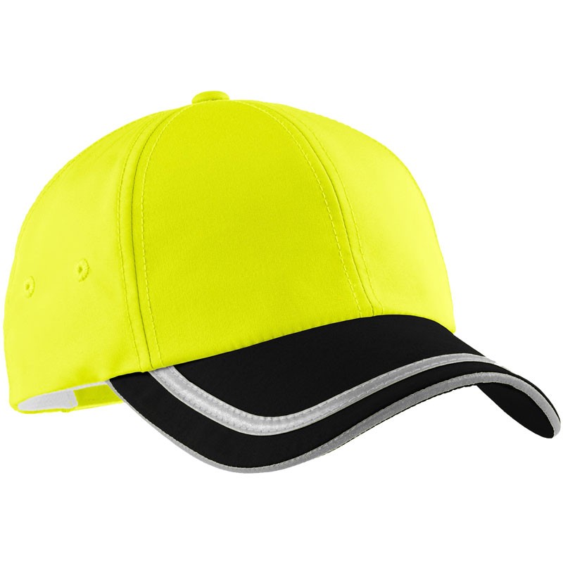 Port Authority® Enhanced Visibility Cap, Hi-Vis Yellow w/ Black Brim & Reflective Stripe