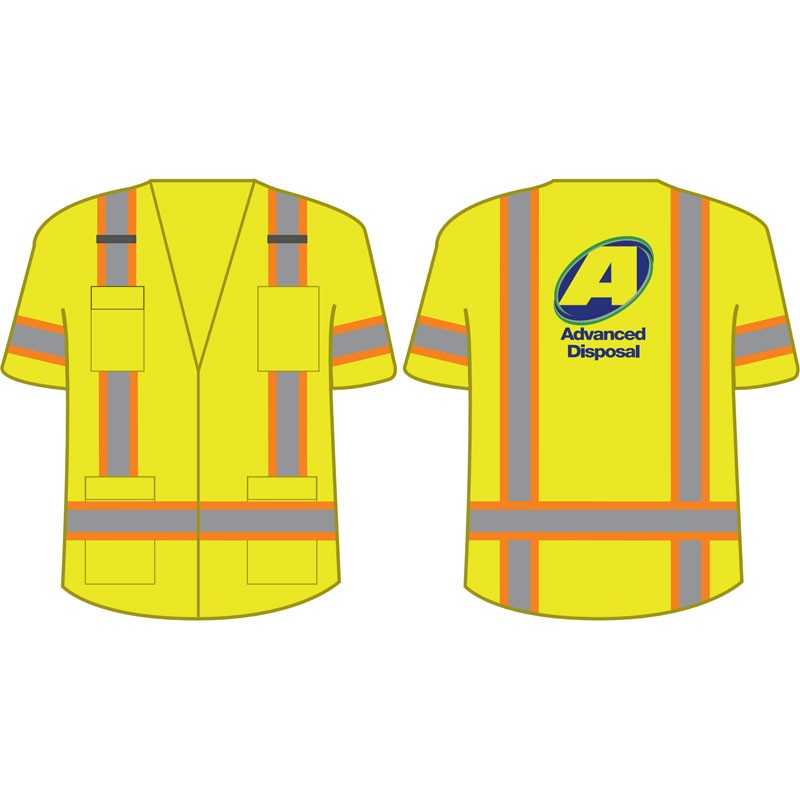 LG CLASS 3, SURVEYORS VEST W/ ZIPPER CLOSED SOLID FRONT, MESH BACK, 4 FRONT OUTSIDE POCKETS W/ADVANCED DISPOSAL LOGO
