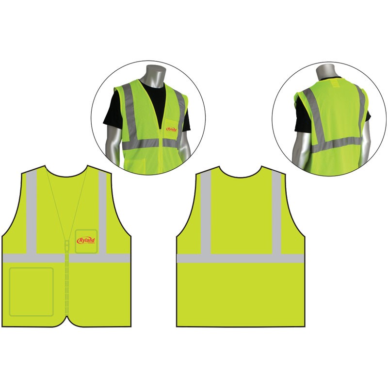 SM  CLS 2 SAFETY VEST LY ECON W/ZIPPER HI-VIS YELLOW   W/ RYLAND ENVIRONMENTAL LOGO (1C - 1L)