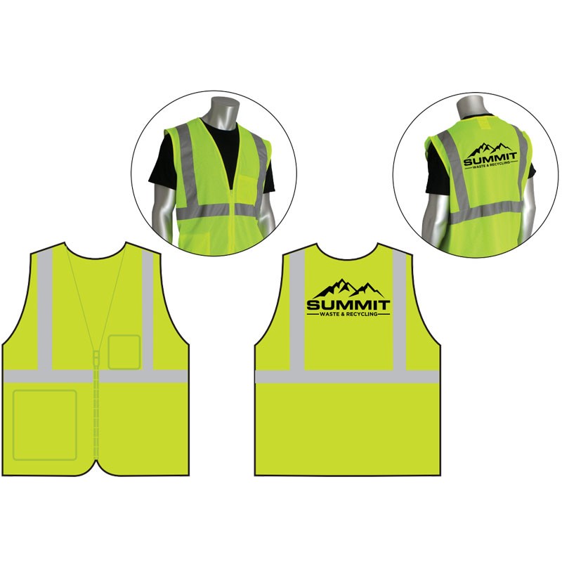 SM  CLS 2 SAFETY VEST LY ECON W/ZIPPER CLOSURE  W/ SUMMIT WASTE LOGO ( 1L - 1C)