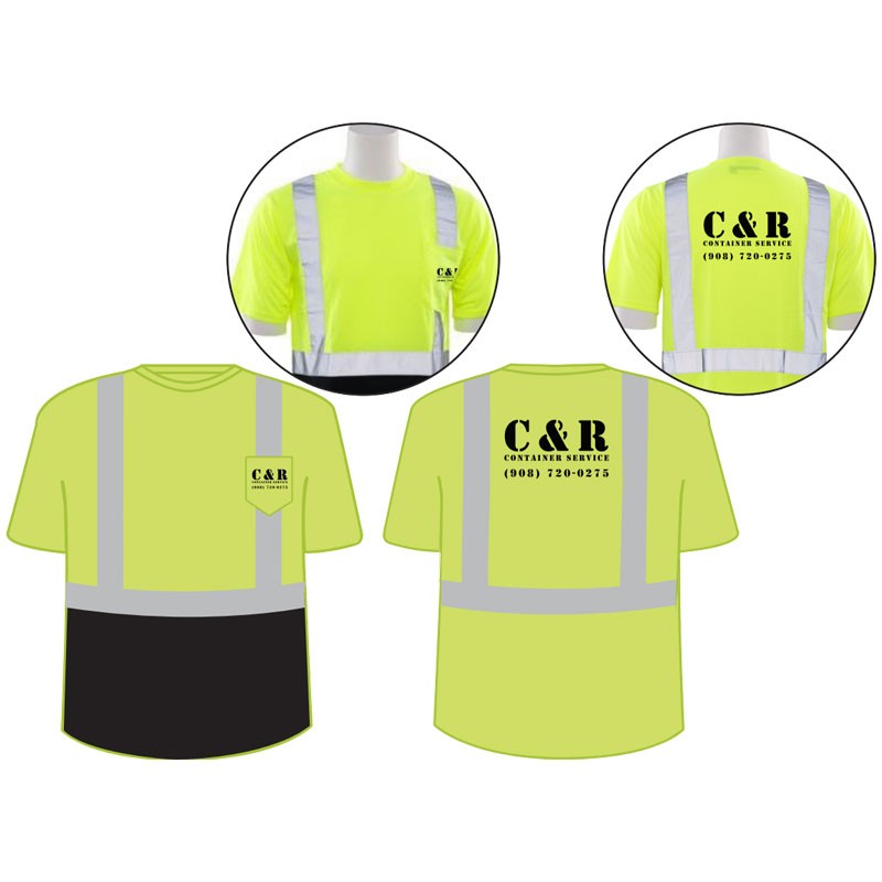 6-XL CLS-2 LY BLK BOTTOM JERSEY T-SHIRT S/S W/ LEFT CHEST POCKET, 100% POLYESTER  W/ C&R CONTAINER SERVICE LOGO 1C-2L