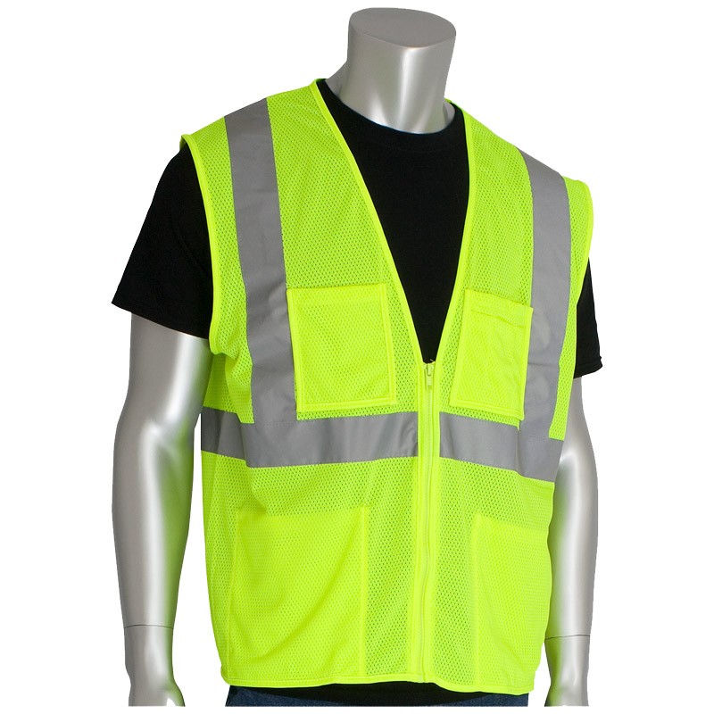 Class 2 Safety Vest, Hi-Vis Yellow Mesh, Zipper Closure, 4-Pockets, Large