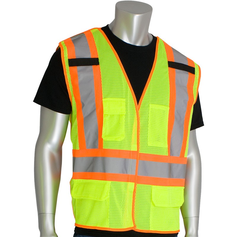 Class 2 5-Point Break-Away Vest, Hi-Vis Yellow, Two-Tone X-Back Striping, 3-XL