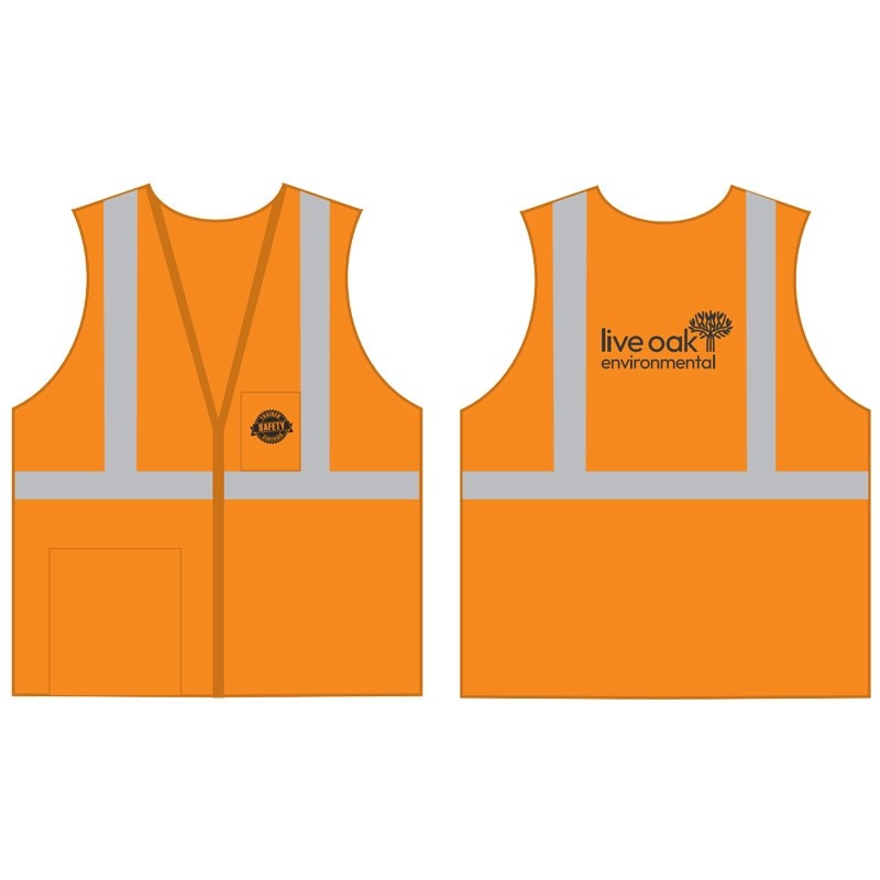 M CLS 2 SAFETY VEST - HI-VIS ORANGE MESH ECONOMY W/ZIPPER CLOSURE W/ LIVE OAK ENVIRONMENTAL LOGO 1C 2L