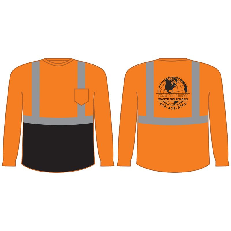 L CLASS 2 ORANGE LONG SLEEVE SHIRTWITH BLACK BOTTOM W/EARTH FIRST WASTE SOLUTIONS LOGO 1C 1L