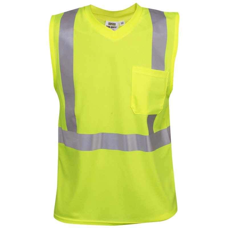Class 2 Sleeveless T-Shirt, V-Neck, Heat Applied Reflective Tape, Hi-Vis Yellow, Large