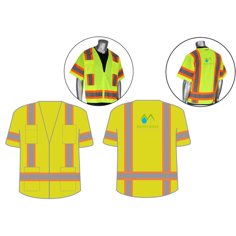 LG CLS-3 HI-VIS YEL SURVEYORS MESH VEST, ZIPPER CLOSURE, TWO-TONE STRIPING, & 11 POCKETS  (3-C, 1-L) (3 Mixed colors)