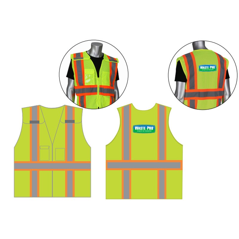 M/XL CLS-2 HI-VIS YEL EXPANDABLE BRKWY VEST W/ TWO-TONE STRIPE   W/ WASTE PRO LOGO 3C-1L