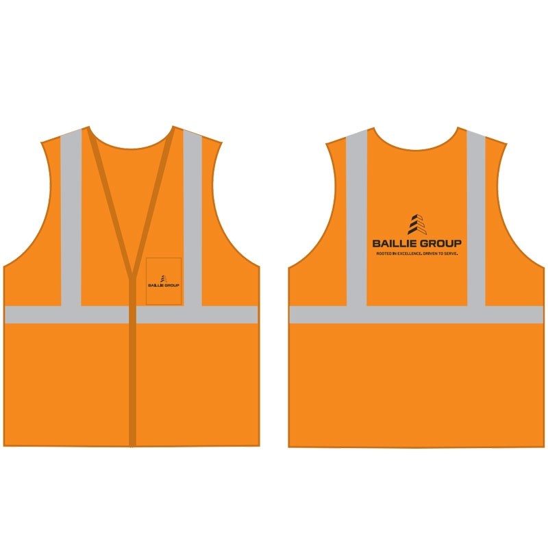 XL CLS-2 HI-VIS ORANGE MESH BKWY VEST5 POINT BREAKAWAY W/ BAILLIE LUMBER LOGO 1C 2L