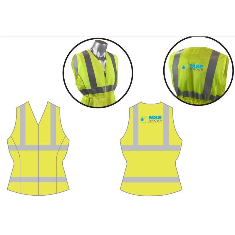 SM  CLS 2 WOMANS CONTOURED MESH VEST HI-VIS YEL  W/ ZIPPER CLOSURE  W/ MSE GROUP LOGO (4C - 1L)