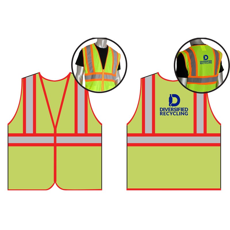 LG CLS 2 ECON HI-VIS YEL 2-TONE VEST W/ ZIPPER CLOSURE  W/ DIVERSIFIED RECYCLING LOGO 1C-1L