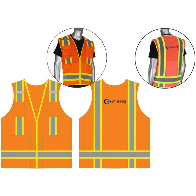 4-XL  CLS 2 ORANGE SURVEYORS VEST W/ IPAD POCKET  W/ CUTTING EDGE LOGO (2C - 1L)