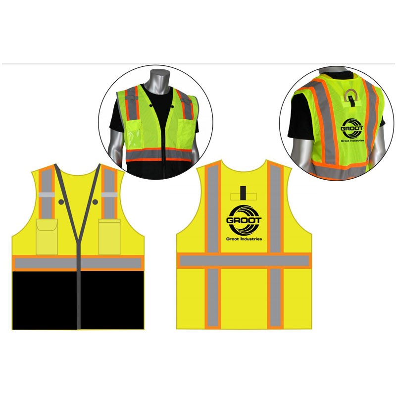 2-XL  CLS-2 HI-VIS YEL W/ 11 POCKETS - 2-TONE STRIPE, BLACK RIPSTOP BOTTOM FRONT, D-RING ACCESS, & ZIPPER CLOSURE   W/ GROOT INDUSTRIES LOGO 1C-1L