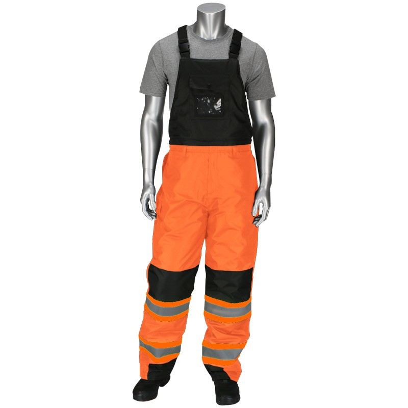 Class E Insulated Bib Overalls, Two Tone Stripe, Ripstop Material, 5 Pockets, Hi-Vis Orange, 2-XL