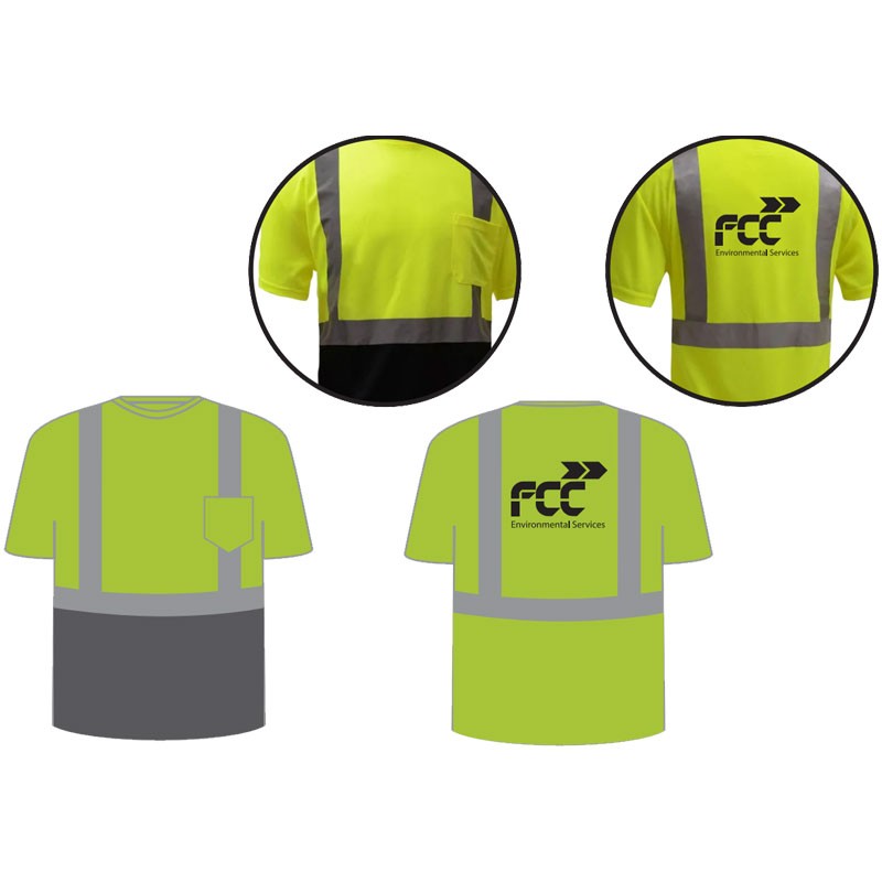 XL CLS-2 HI-VIS BLACK BOTTOM T- SHIRT, ANSI CLASS 2, 100% BIRDSEYE MESH, HEAT-TRANSFER REFLECTIVE STRIPING   W/ FCC ENVIRONMENTAL LOGO 1C-1L