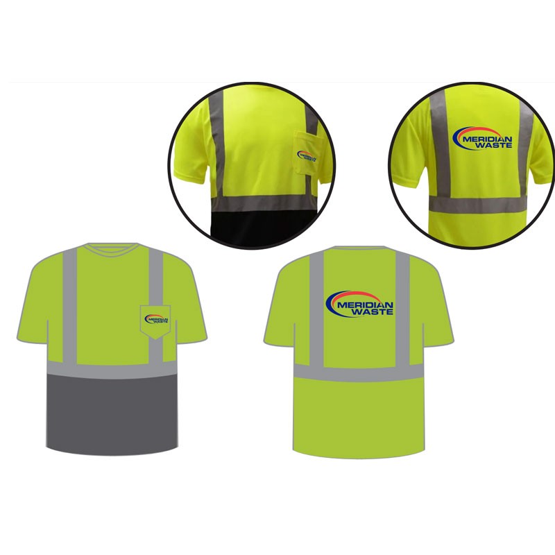 2-XL CLS-2 HI-VIS BLACK BOTTOM T- SHIRT, ANSI CLASS 2, 100% BIRDSEYE MESH, HEAT-TRANSFER REFLECTIVE STRIPING   W/ MERIDIAN WASTE LOGO 2C-2L