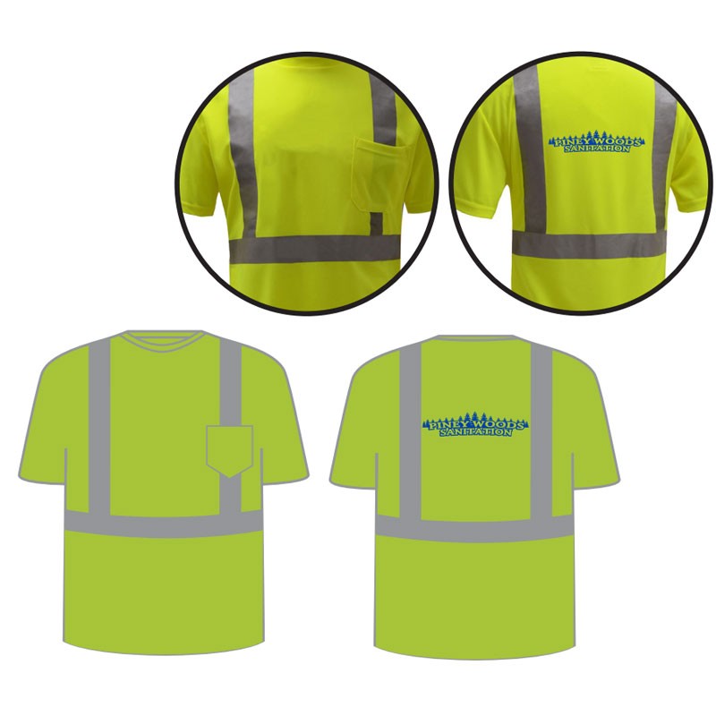 LG CLASS 2 HI-VIS YELLOW SHORT SLEEVE T-SHIRT W/ CHEST POCKET  W/ PINEY WOOODS LOGO 1C-1L