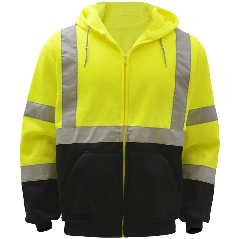 Class 3 Hi-Vis Yellow Sweatshirt W/ Hood, Zipper Front, Black Bottom, 5X-Large
