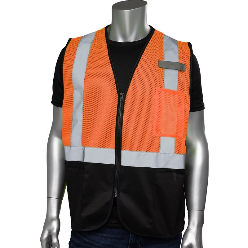 Class 2 Safety Vest, Orange Mesh, Black Botton Front, Zipper Closure, Small/Medium