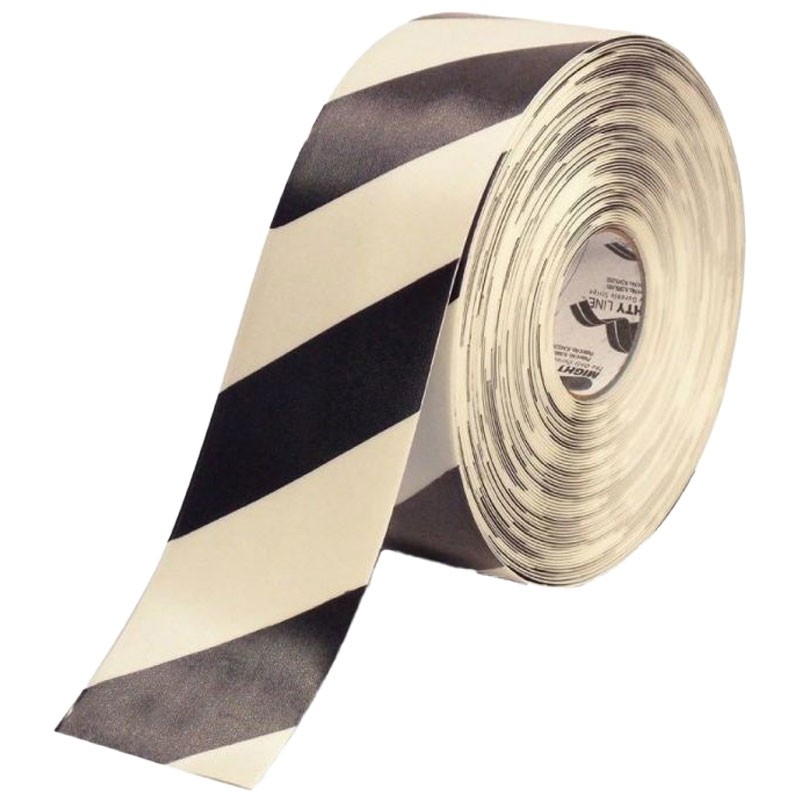 Mighty Line® Floor Hazard Marking Tape, Black & White Diagonal Stripe, 4" x 100' Roll
