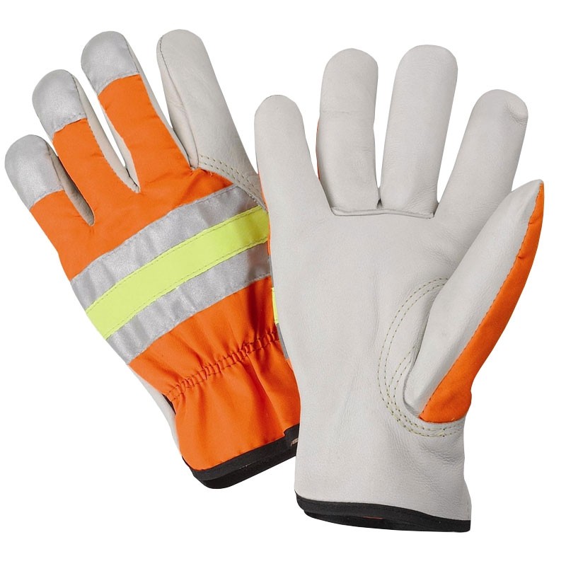 Premium Cowhide Drivers Glove, Leather Palm, Hi-Vis Fabric Back, Small
