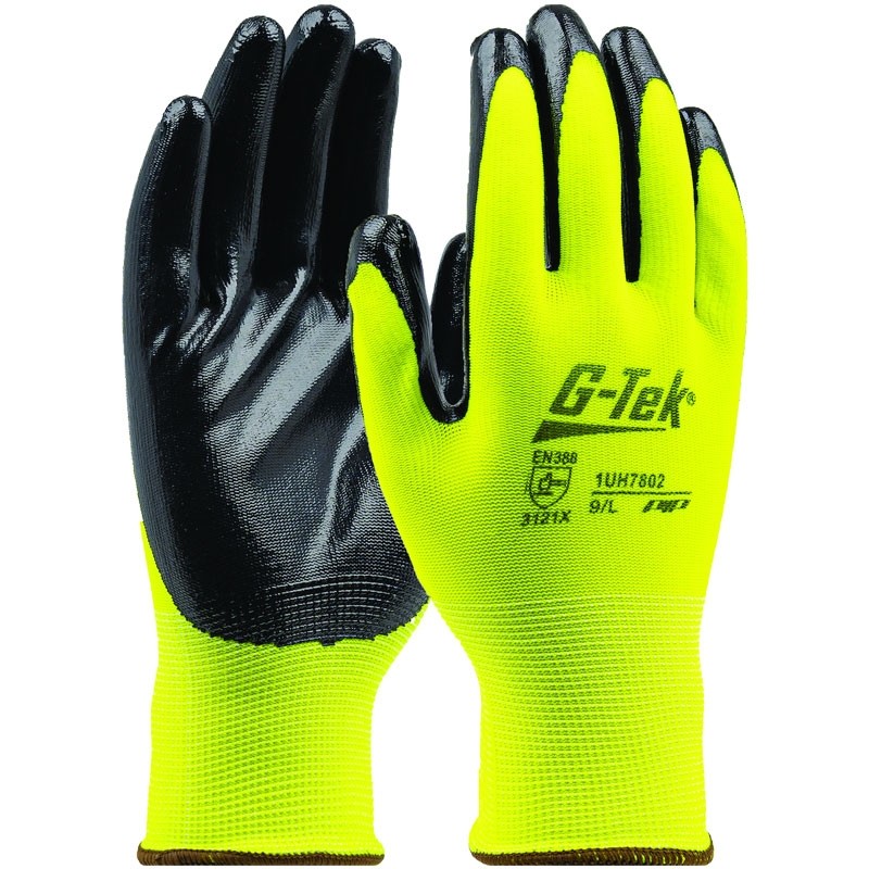 Hi-Vis Yellow Polyester Glove, Smooth Nitrile Coated Palm, Small
