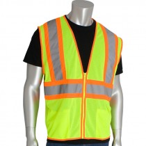 Class 2 Safety Vest, Hi-Vis Yellow Mesh, Two-Tone Striping, Zipper Closure, 2 Pockets, Medium