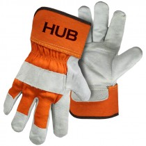 HUB Inner-Double Palm Leather Work Glove, Orange Back, Aramid Kevlar-Type Stitching, 2-XL