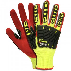 Hi-Vis HPPE/Glass Fiber Glove, Impact Protection, Sandy Nitrile Grip, Large