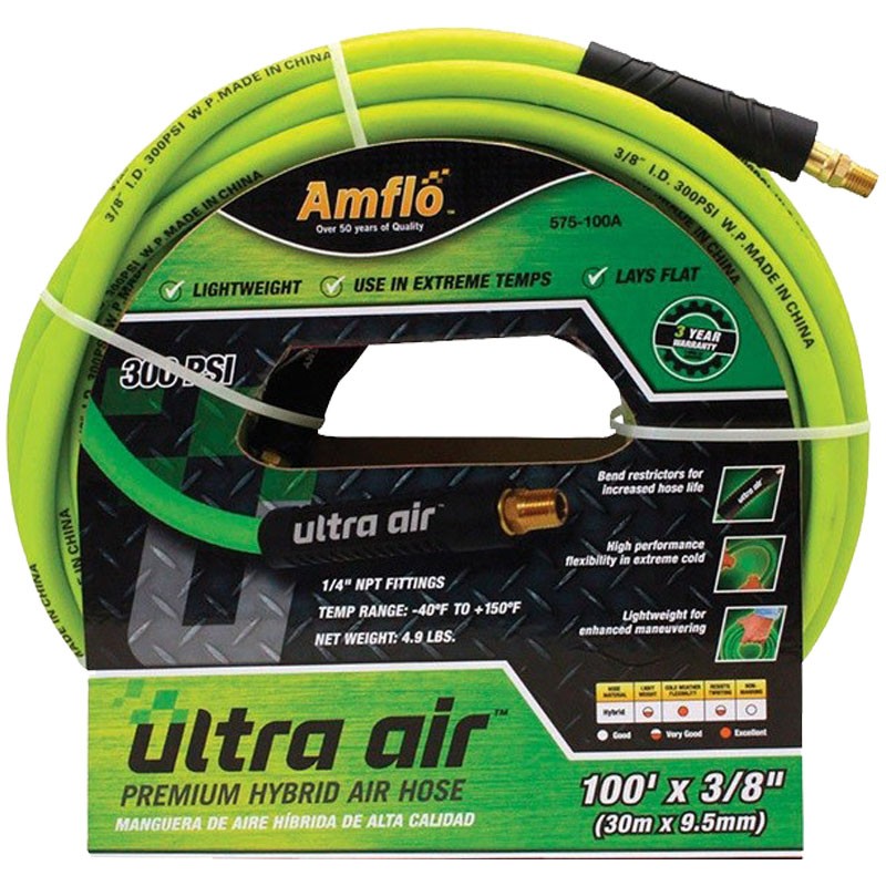 3/8" x 100' #300 Green Hybrid Air Hose with 1/4" MPT Ends