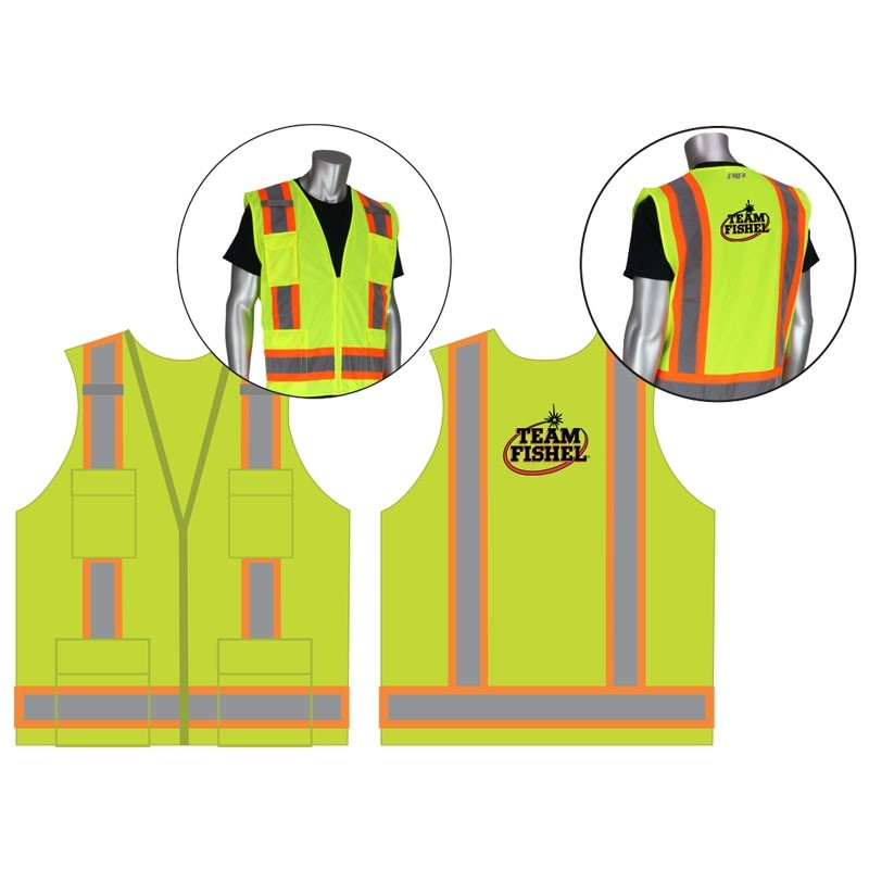 6XL TWO-TONE STRIPE CLS 2 VEST LY 8 POCKET SURVEYOR'S VEST W/ TEAM FISHEL LOGO 2C 1L
