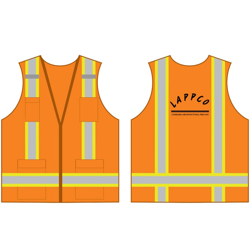 3-XL CLS-2 HI-VIS OR TWO-TONE STRIPE SAFETY VEST SOLID FRONT MESH BACK  W/ LOMBARD PRECAST LOGO (1L - 1C)
